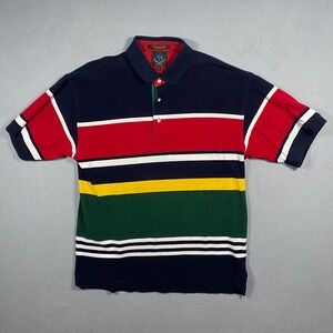 Vintage Basic Options Mens Large Striped Polo Shirt Navy Red Green Yellow Cotton